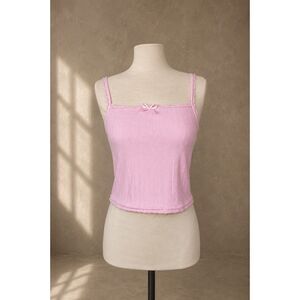 Baby Pink Ribbed Lace Trim Camisole Tank Top Bow Detail Stretchy Y2K medium